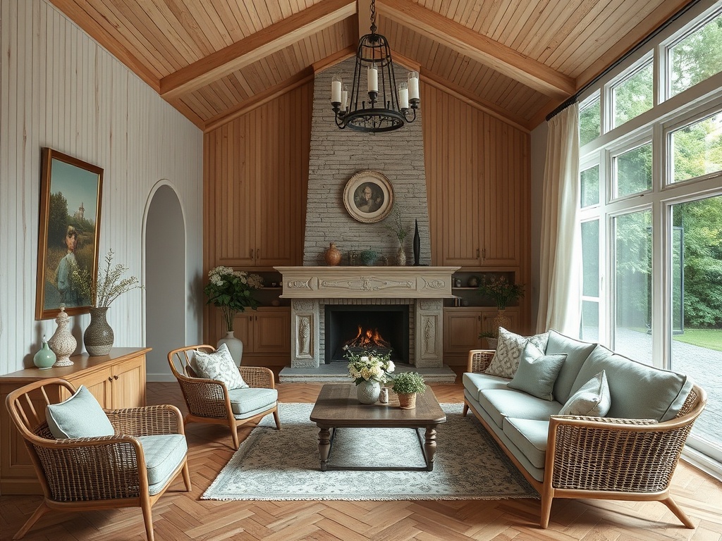 Современная гостиная с деревянным потолком, уютной мебелью и камином, рядом с большими окнами.