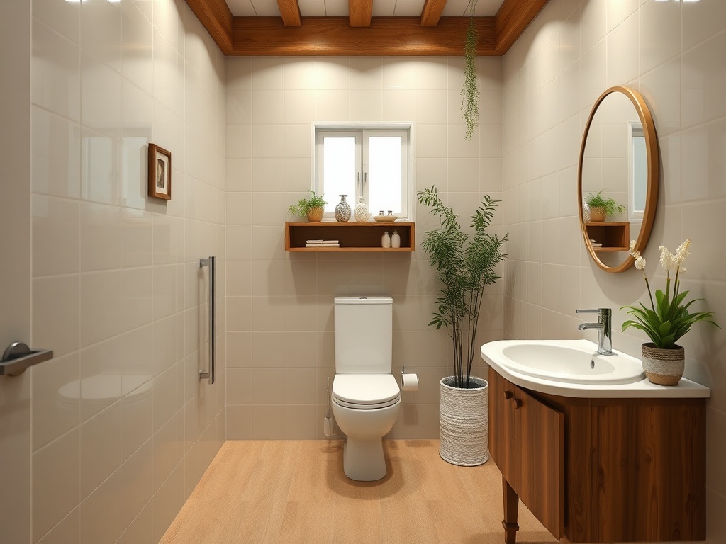 Современная ванная комната с белой сантехникой, деревянными полками и зелеными растениями для декора.