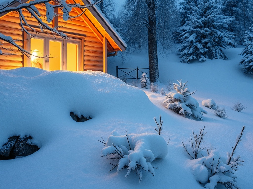 Деревянный дом в зимнем лесу, окруженный sneeuw и заснеженными деревьями, светится теплым светом из окна.
