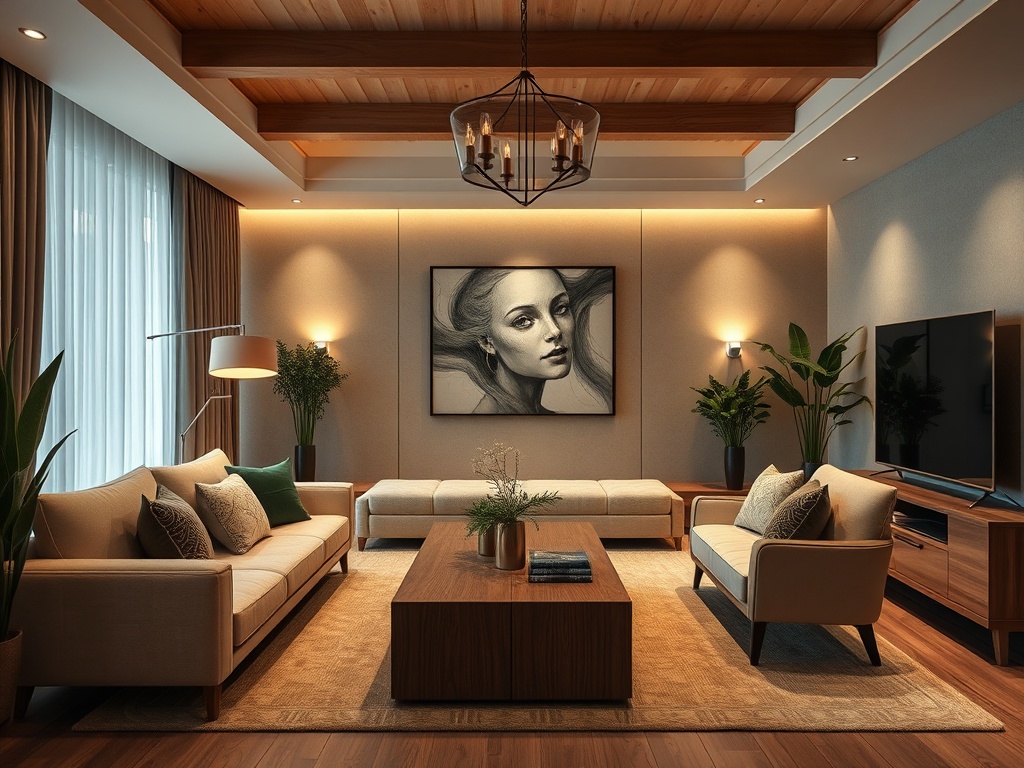 Современная гостиная с уютной мебелью, картинами и зелеными растениями, торшером и телевизором.