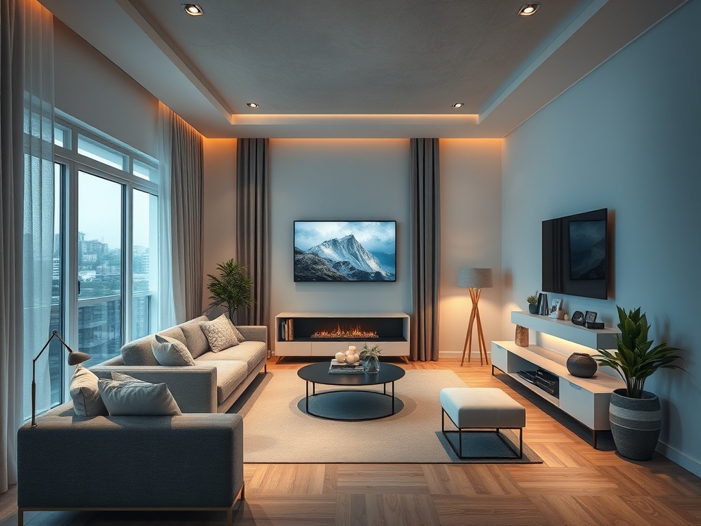 Современная гостиная с уютным диваном, телевизором и деревянным полом, оформленная в белых и серых тонах.