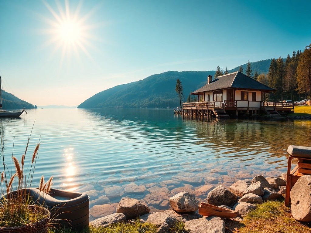 Небо с ярким солнцем над спокойным озером и домиком на воде в окружении лесов. Спокойствие и природа.