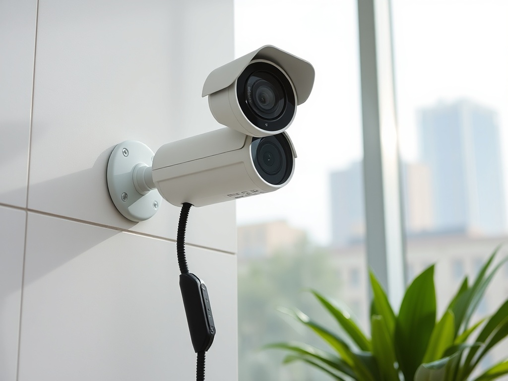 Брелок в виде камеры видеонаблюдения, установленный на стене рядом с зелёными растениями.