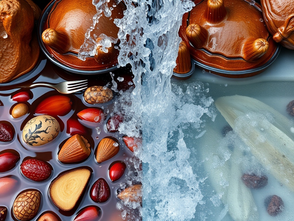 Изображение с водой, орехами, посудой и декоративными элементами, создающее уютную атмосферу.