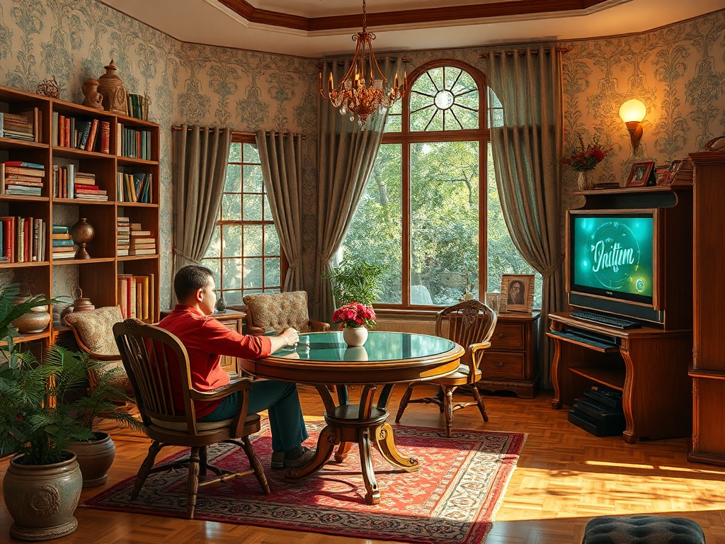 Мужчина сидит за столом в уютной комнате и смотрит телевизор, окруженный книгами и растениями.