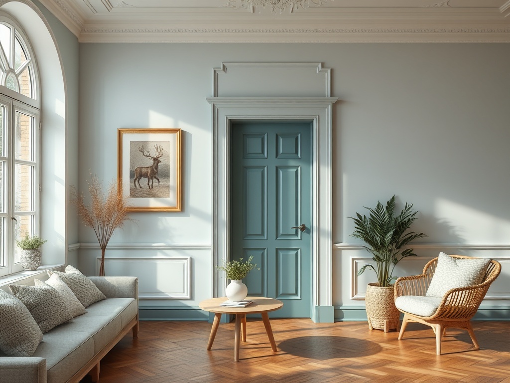 Современная гостиная с мягкой мебелью, зелеными растениями и стильной дверью голубого цвета.