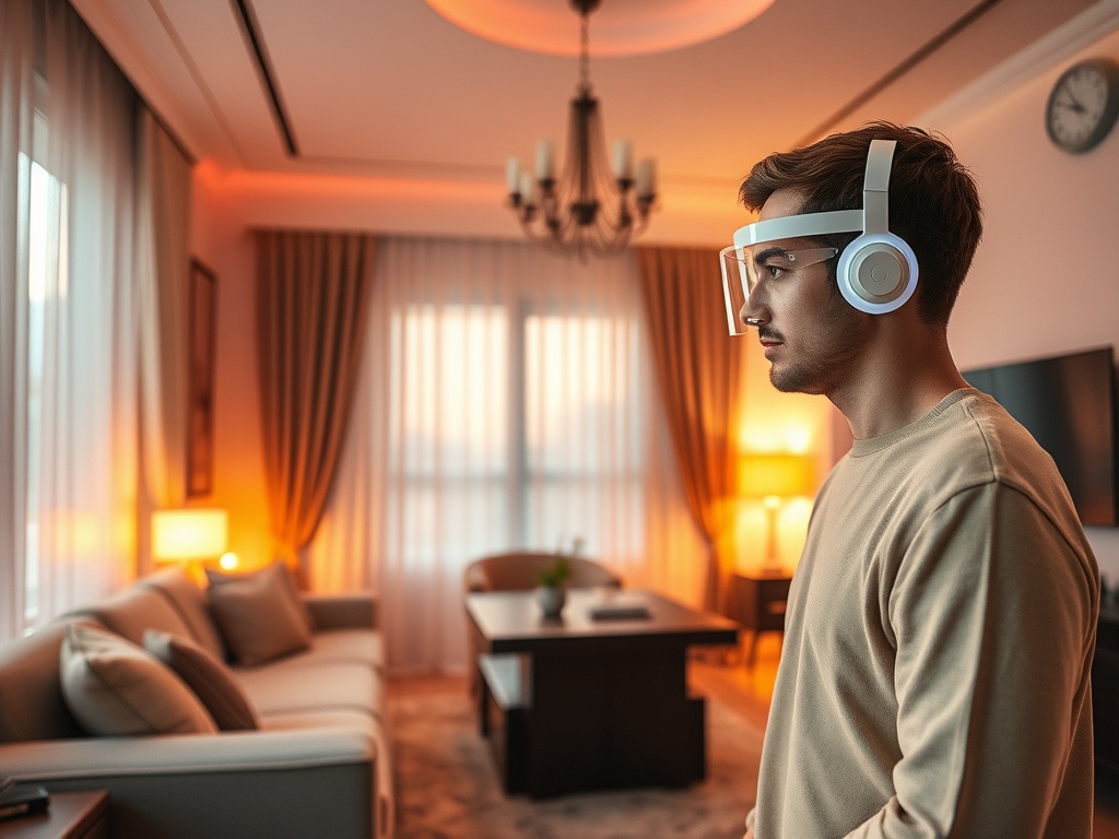 Молодой человек в наушниках с визором стоит в красиво оформленной комнате. Тёплый свет и уютная обстановка.