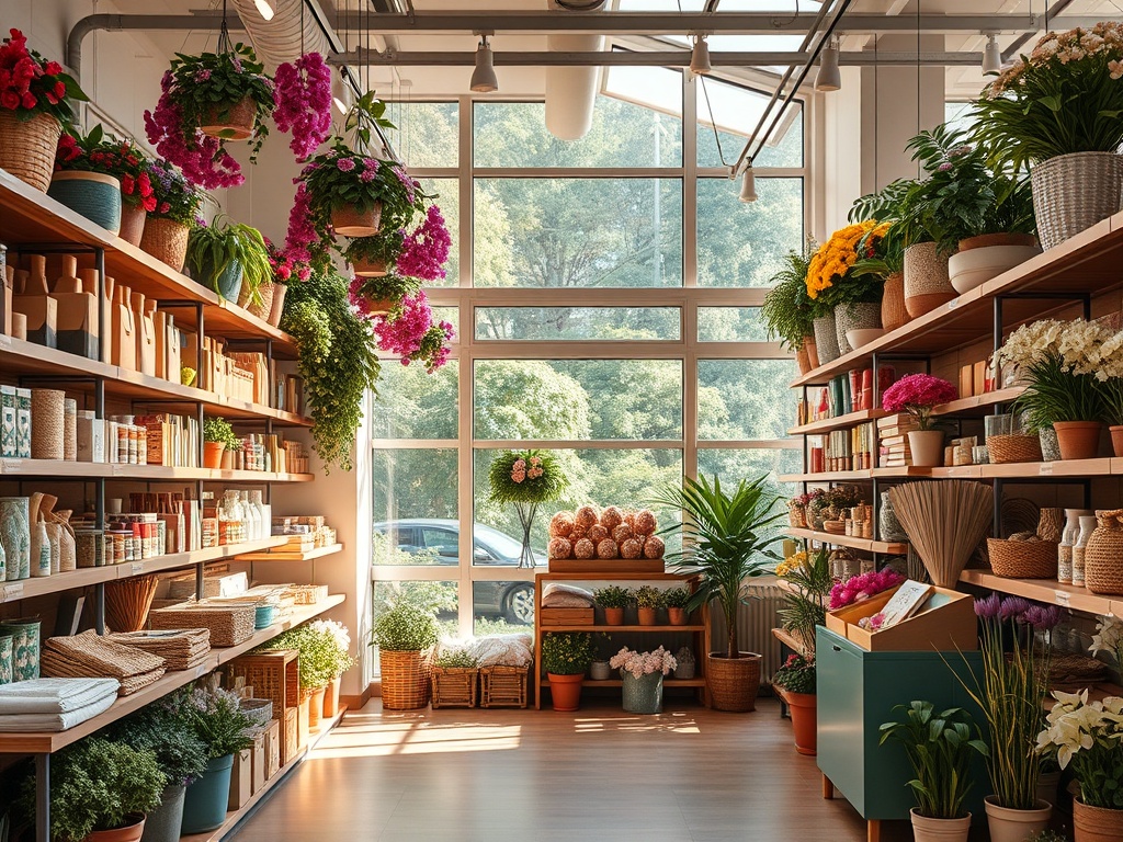 Светлое помещение магазина, наполненное цветами и растениями, с полками, уставленными товарами.