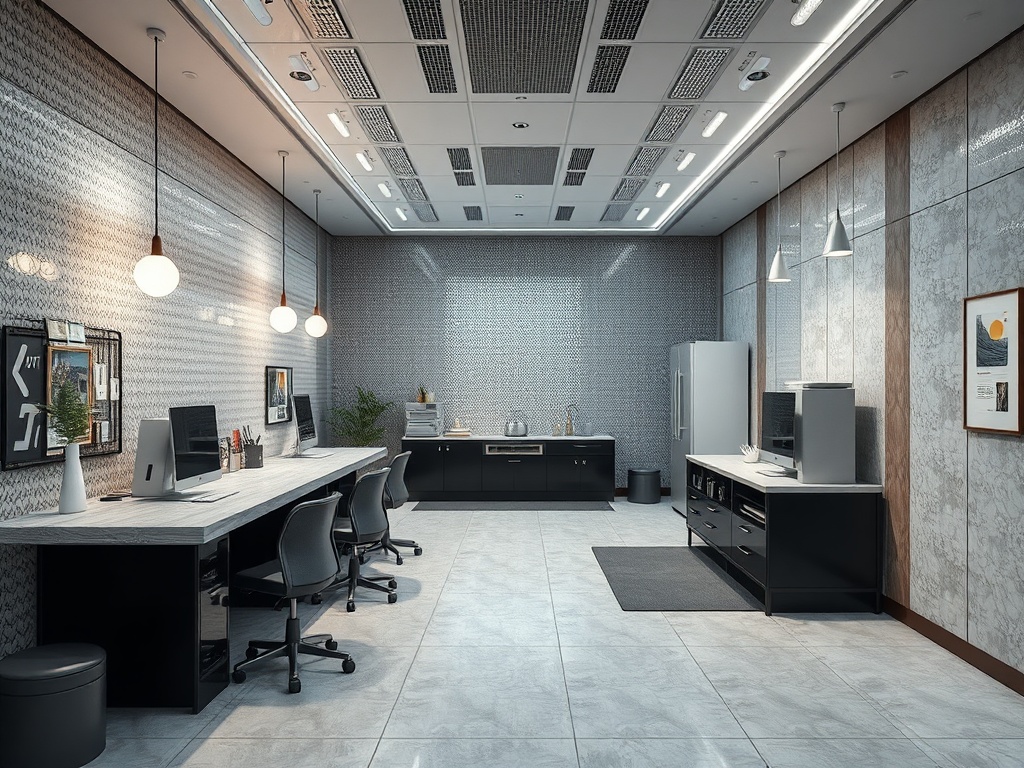 Современный офис с двумя рабочими местами, кухней и удобной мебелью. Яркое освещение и стильный дизайн.