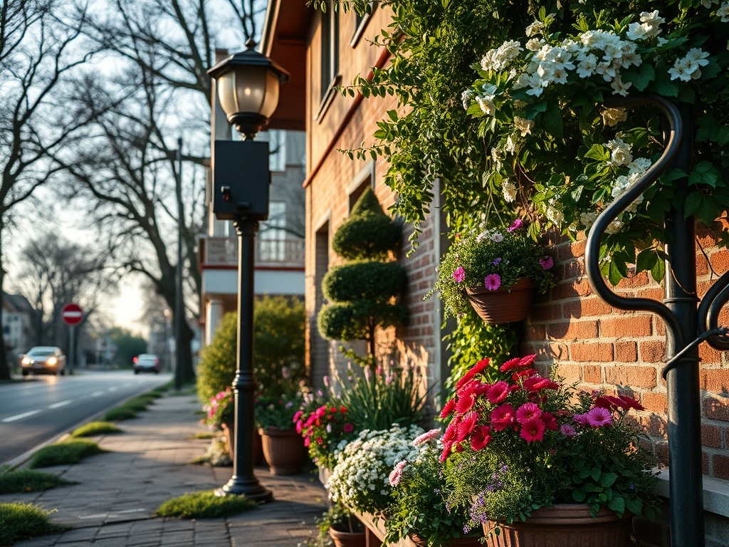 Цветы и зелень украшают кирпичную стену рядом с пешеходной дорожкой и уличным фонарем. Весеннее настроение.