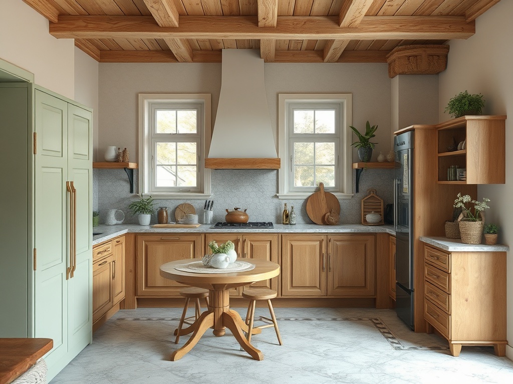 Современная кухня с деревянными шкафами, мраморной столешницей и уютным обеденным столом.