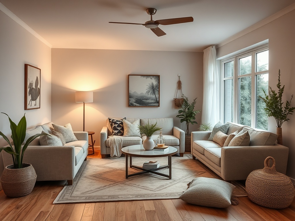 Современная гостиная с мягкой мебелью, круглыми столами и зелеными растениями, освещенная мягким светом.