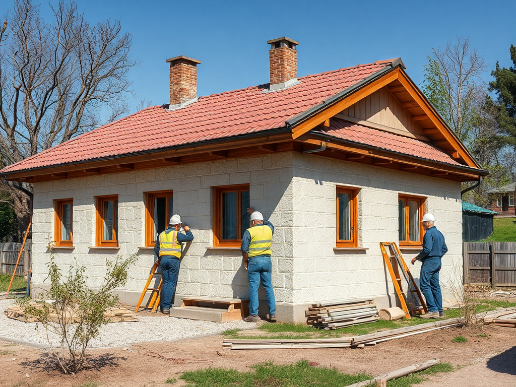 Рабочие занимаются отделкой нового дома, с желтыми касками и строительными инструментами на территории.