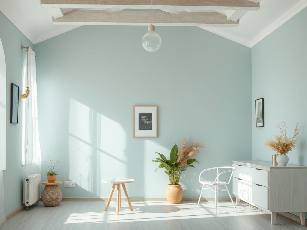 Современный интерьер комнаты с голубыми стенами, растениями и деревянными элементами декора.