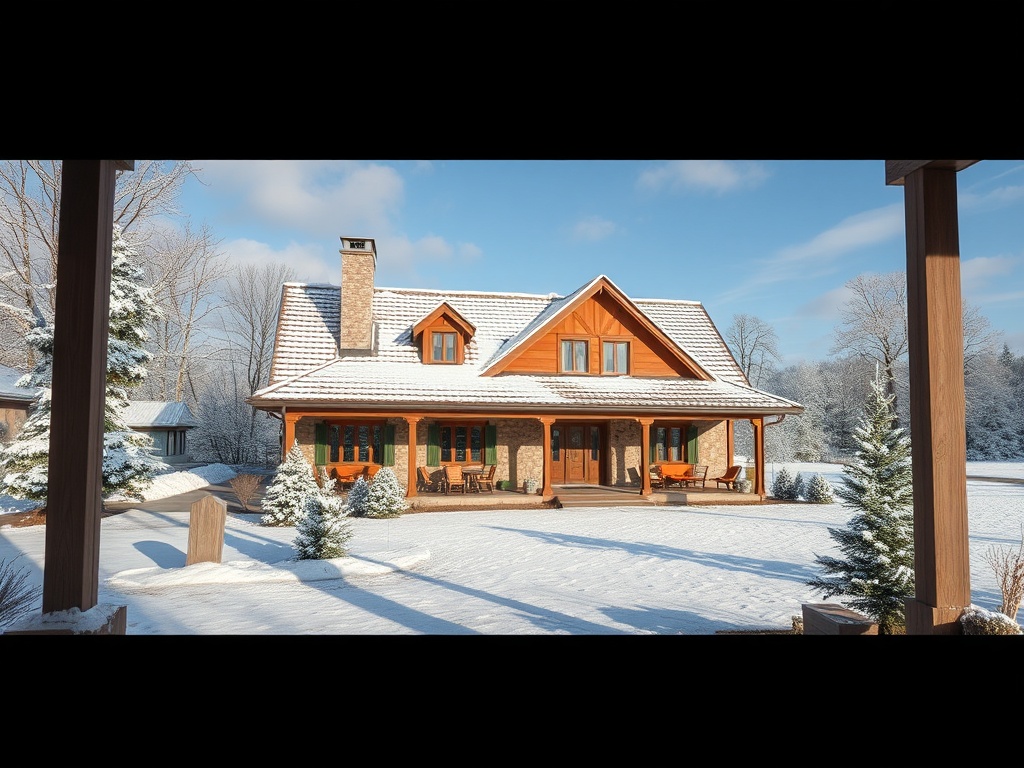 Зимний дом с деревянным фасадом и крышей, покрытой снегом, окружённый соснами и снежным пейзажем.