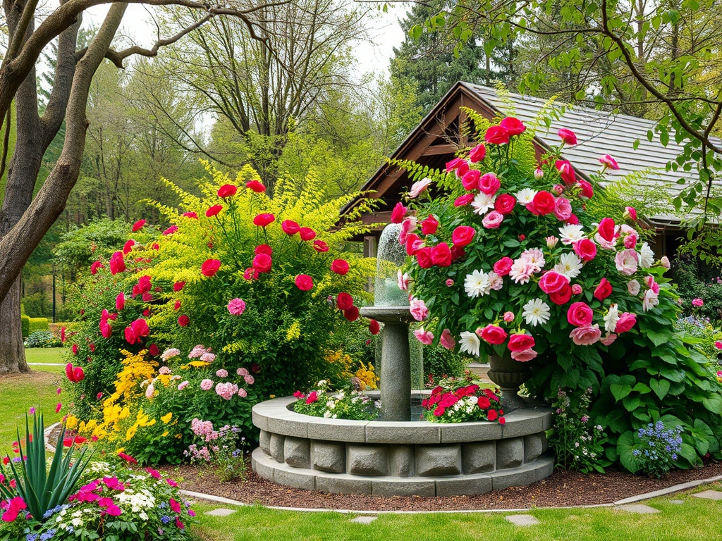 Цветущий сад с яркими цветами и фонтаном, окруженный зелеными деревьями и уютным домом.