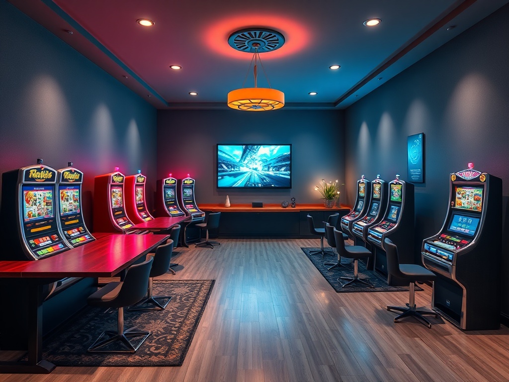 Игровая комната с автоматами и телевизором, уютное освещение и современный дизайн.