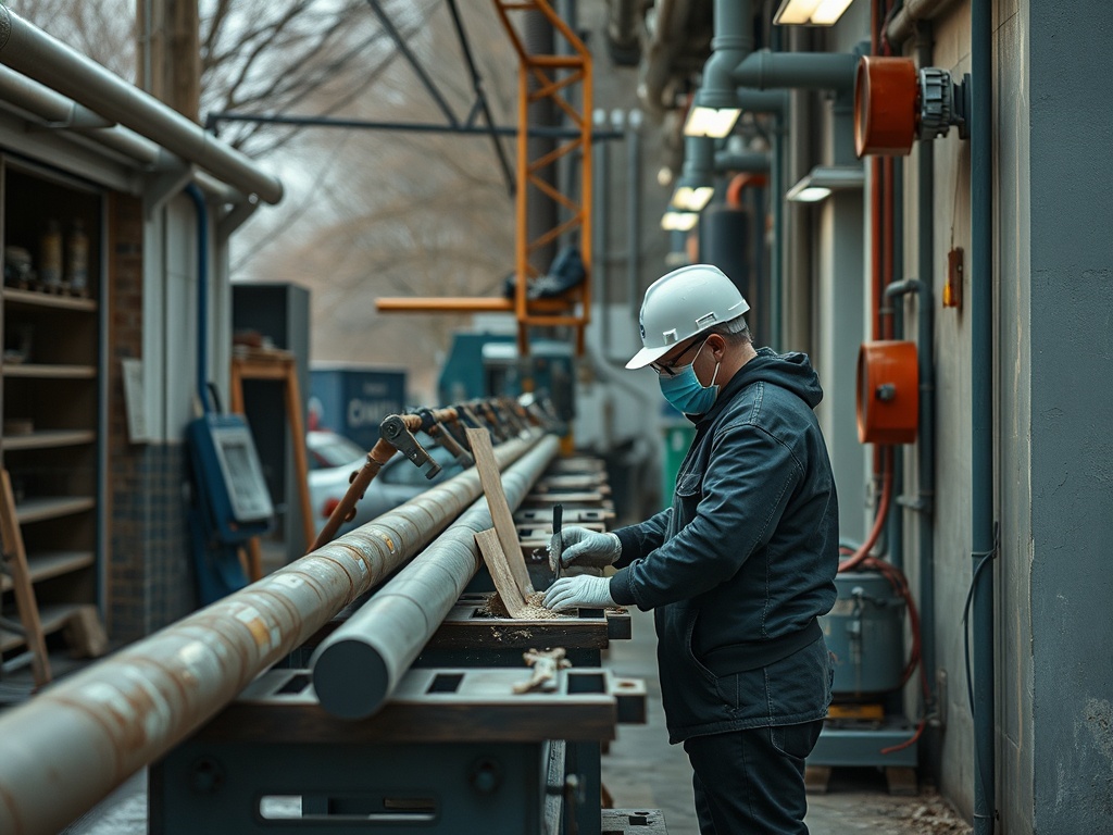 Рабочий в каске и маске обрабатывает древесину на производственном предприятии. На фоне видны трубы и оборудование.