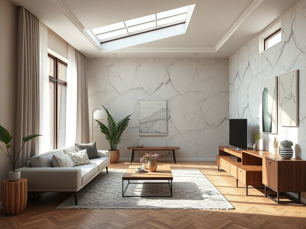 Светлая гостиная с большими окнами, уютной мебелью и современным декором на стенах.