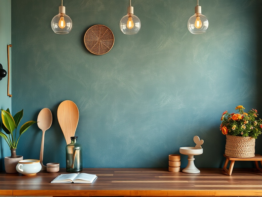 На столе расположены деревянные ложки, стеклянная ваза и цветы, на фоне зеленой стены с лампами.