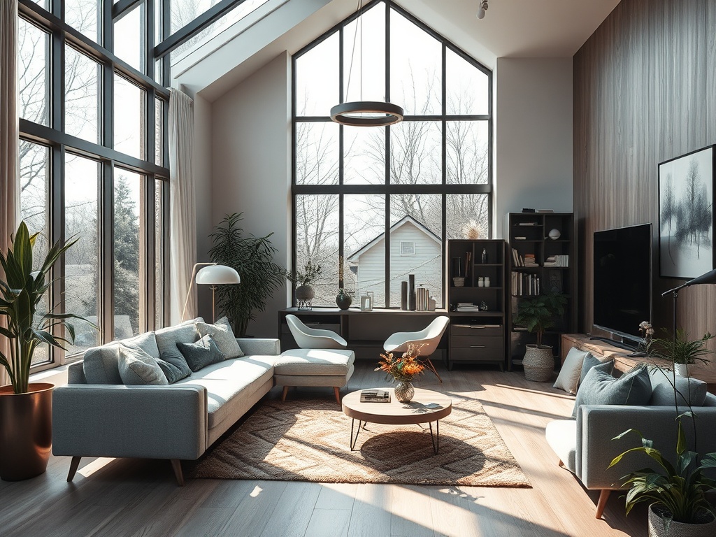 Светлая современная гостиная с большими окнами, уютной мебелью и зелеными растениями. Естественное освещение.